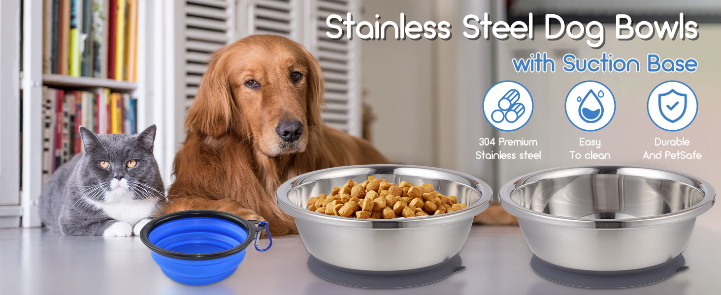 Набори мисок для собак QANIUOS з нержавіючої сталі (2 шт.), неслизькі, об'єм 2200 мл, для великих та середніх собак