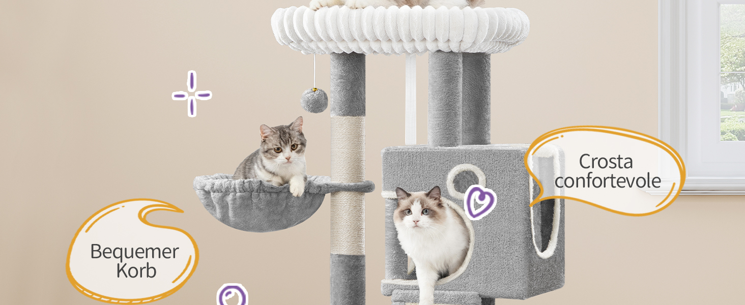 Кігтеточка для котів Hzuaneri, 98 см, з платформою, іграшками та кігтедраперами, сіра