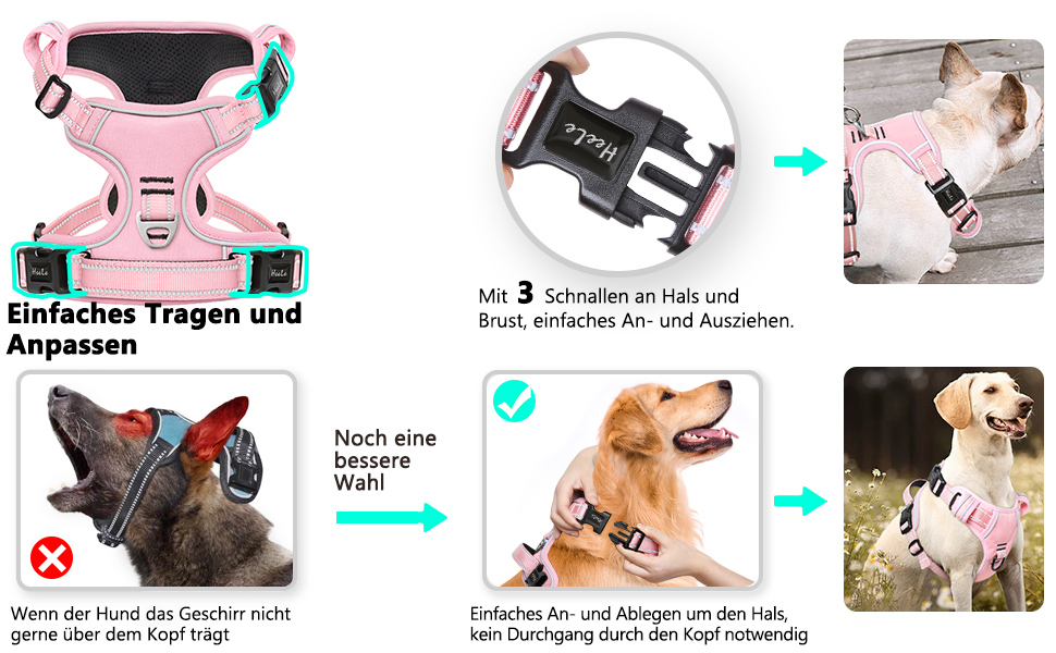 Шлейка для собак HEELE без натягу, для маленьких собак, регульована світловідбиваюча шлейка, дихаюча шлейка з м'якою ручкою, No-Pull Dog Harness, світло-рожева, S, обхват грудей: 35-61 см