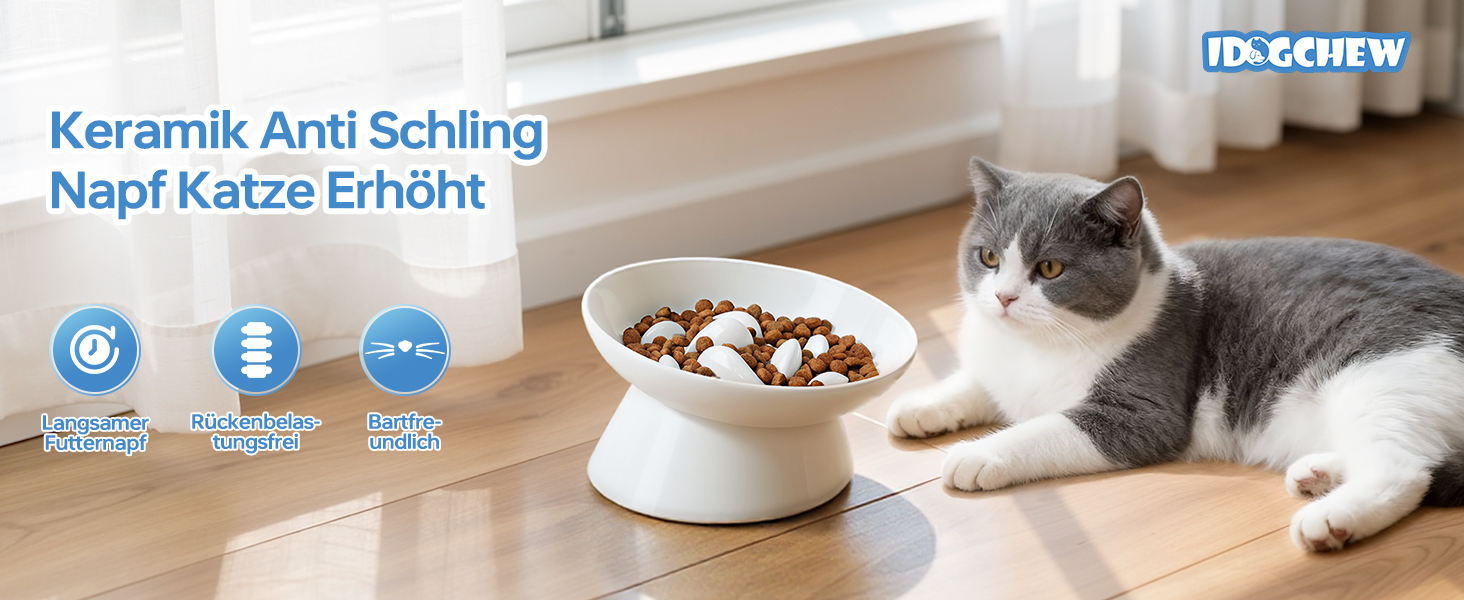 Керамічна миска для котів з підняттям, протиковзаюча, для повільного годування, біла