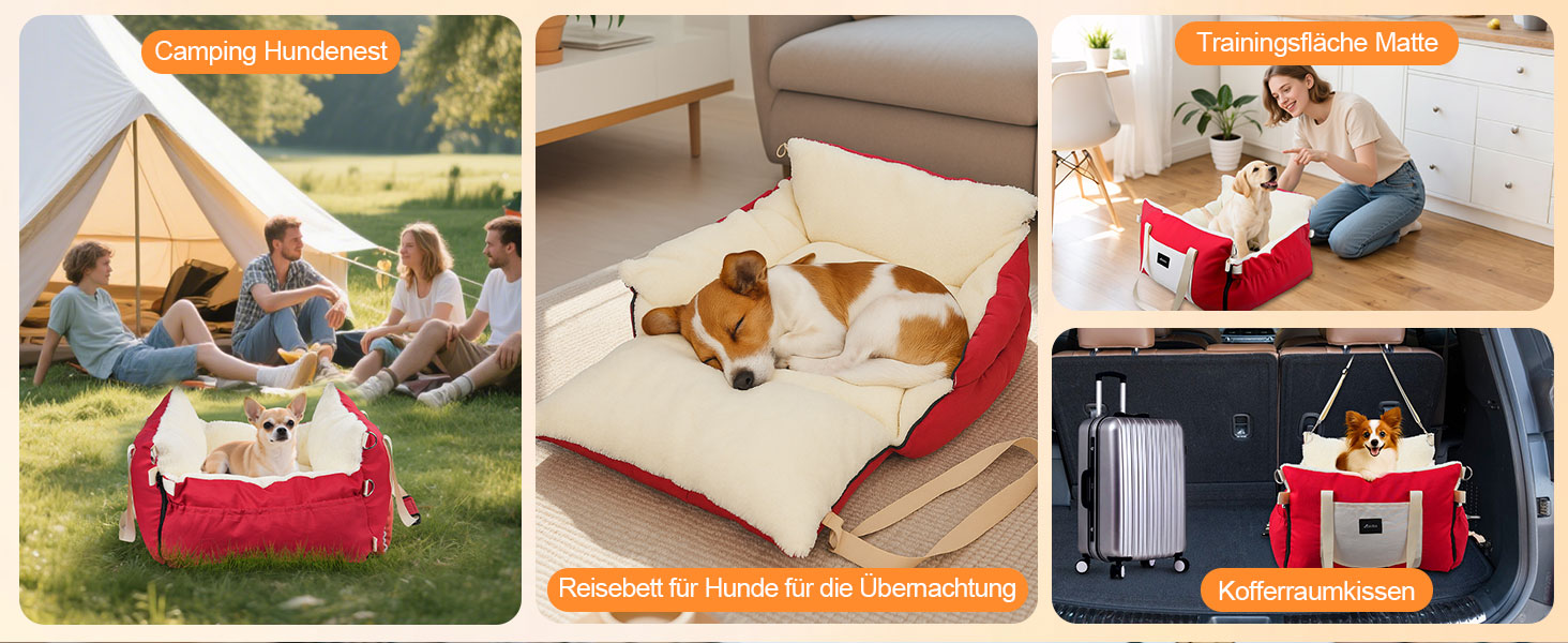 Автокрісло для собак 3-в-1 - переносна ліжко для маленьких собак, з розширеною лежачою поверхнею та м'яким матрацом, для переднього або заднього сидіння, внутрішнє та зовнішнє використання (червоний)