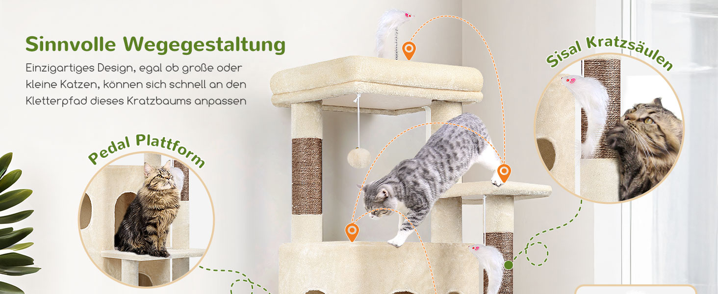 Дерев'яний комплекс для котів Globlazer з будиночком, платформами та іграшками, 127 см, бежевий (XL)