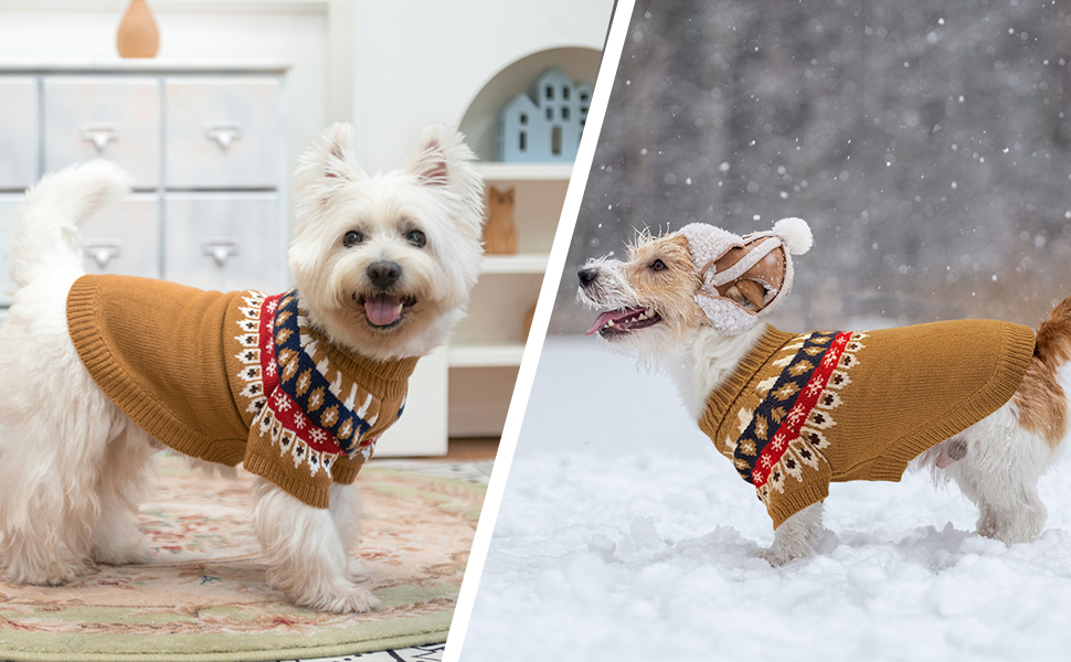 Пуловер для собак EXPAWLORER Fair Isle з візерунком Fair Isle - стильний одяг для собак, в'язана жилетка, пуловер для цуценят, теплий пуловер з коміром-стійкою для маленьких, середніх та великих собак, розмір M (бежевий, Small)