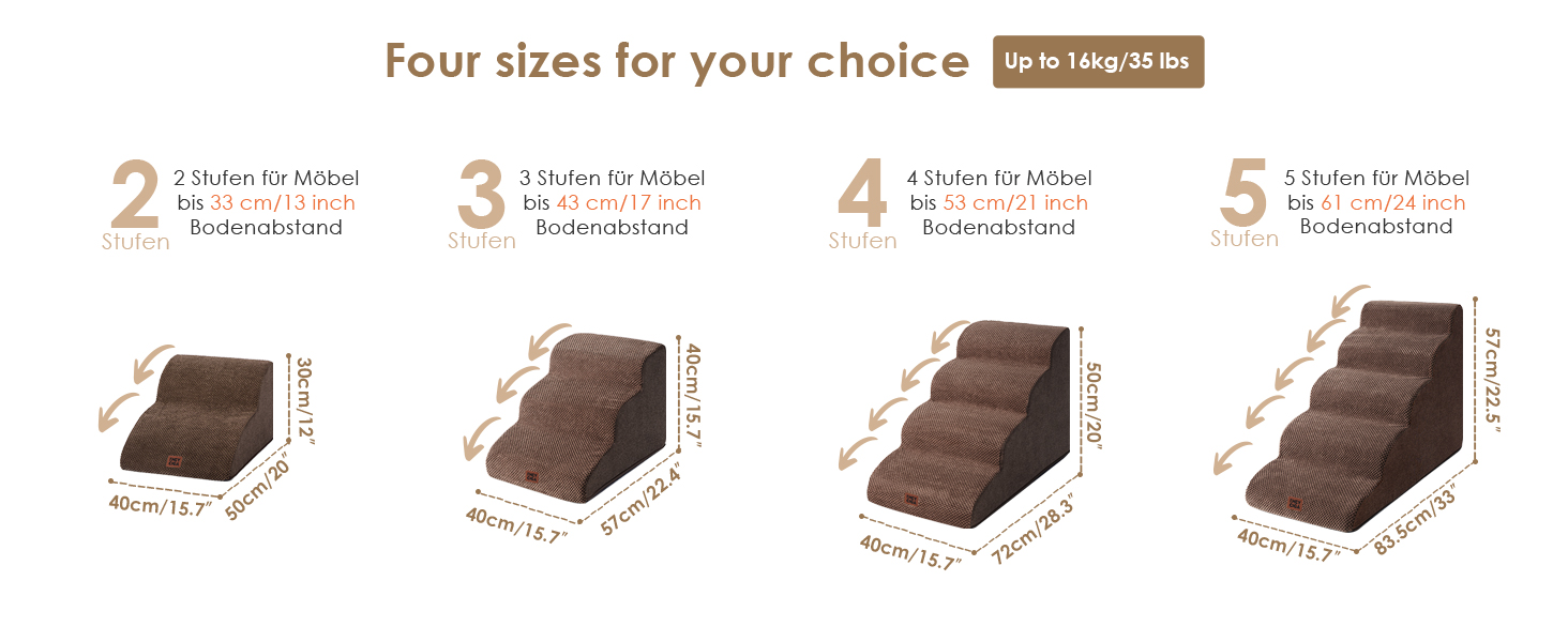 Сходинки для собак EHEYCIGA – 50 см, для маленьких собак, на диван/ліжко, з високощільним губчастим матеріалом, знімний та миючий чохол, протиковзне покриття, 4 сходинки, сірий колір (40 x 50 x 30 см, коричневий)