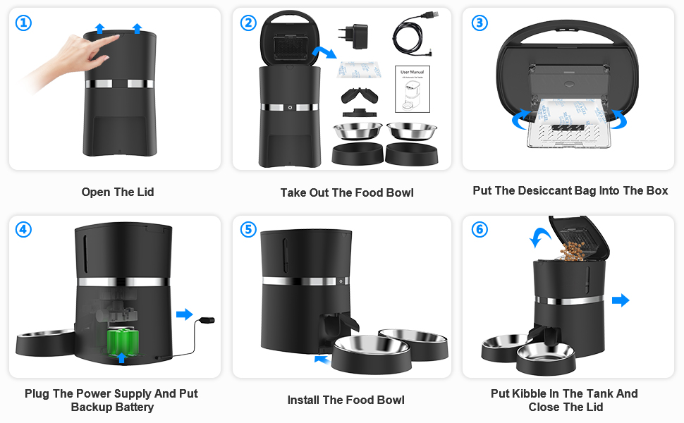 Автоматичний годівниця для котів та собак WellToBe Smart з Wi-Fi, таймером, функцією запису голосу та керуванням через додаток, до 6 прийомів їжі на день (чорний)