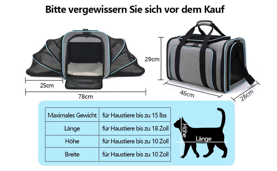 Транспортна переноска для котів та собак, велика, 46x28x29 см, розширювана, сіра. Підходить для котів, собак, цуценят, авіаперевезень.