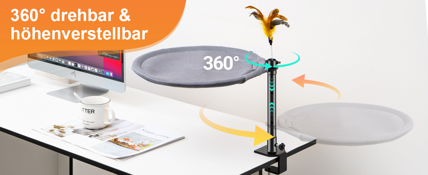 Крісло-гамак для кота Uross на стіл - 360° обертання та регулювання висоти, м'яке, з 2 знімними чохлами, для дому та офісу, цілорічне використання (одношарове, сіре)