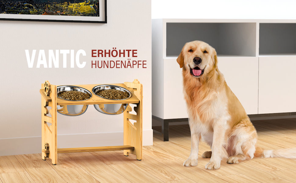 Підвищена годівниця для собак Vantic з підставкою, регульована годівниця для собак і котів, міцна годівниця-стійка з 2 нержавіюних мисок та неслизькими ніжками (для великих собак, бамбук)