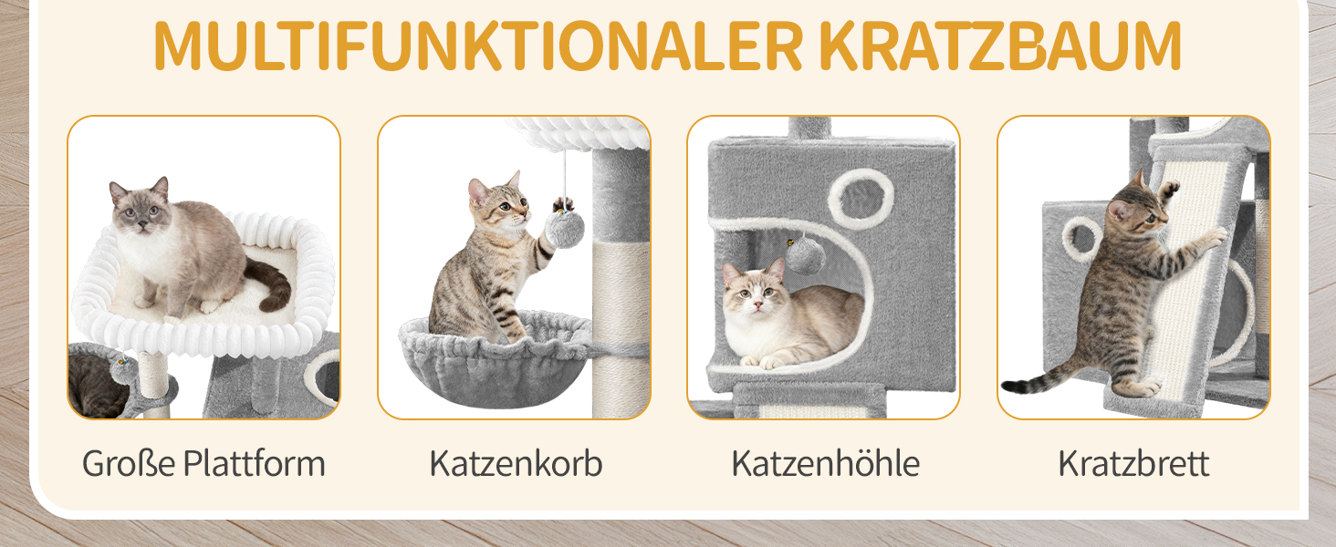 Кігтеточка для котів Hzuaneri, 98 см, з платформою, іграшками та кігтедраперами, сіра