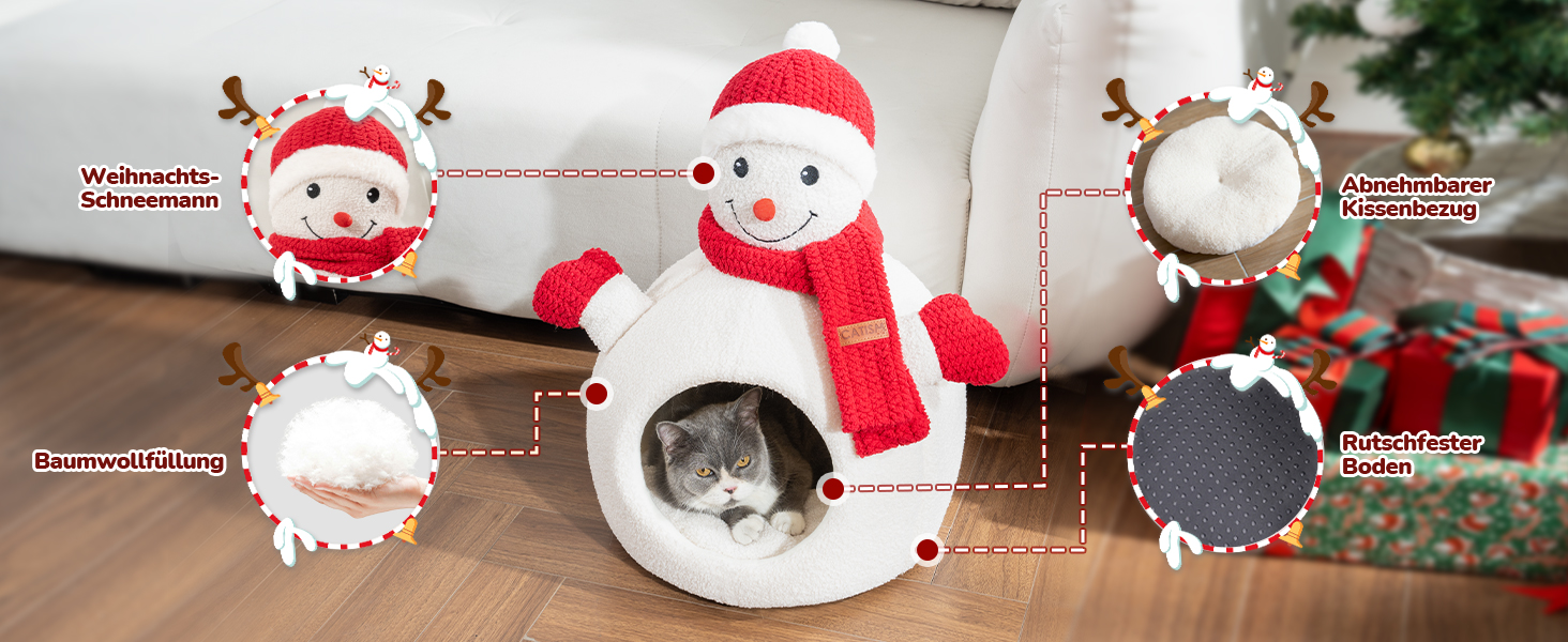 Кігтеточка-будиночок CATISM для котів на Новий Рік, 42x42x55 см, білий, з теплим килимком, знімний будиночок, антиковзаюча поверхня