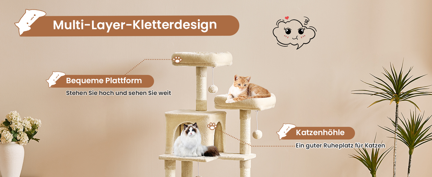 Кігтеточка для котів MSmask велика, стабільна, багатоярусна з 2 платформами, 2 будиночками, гамаком та сизалевими стовпчиками (Бежевий, 160 см)