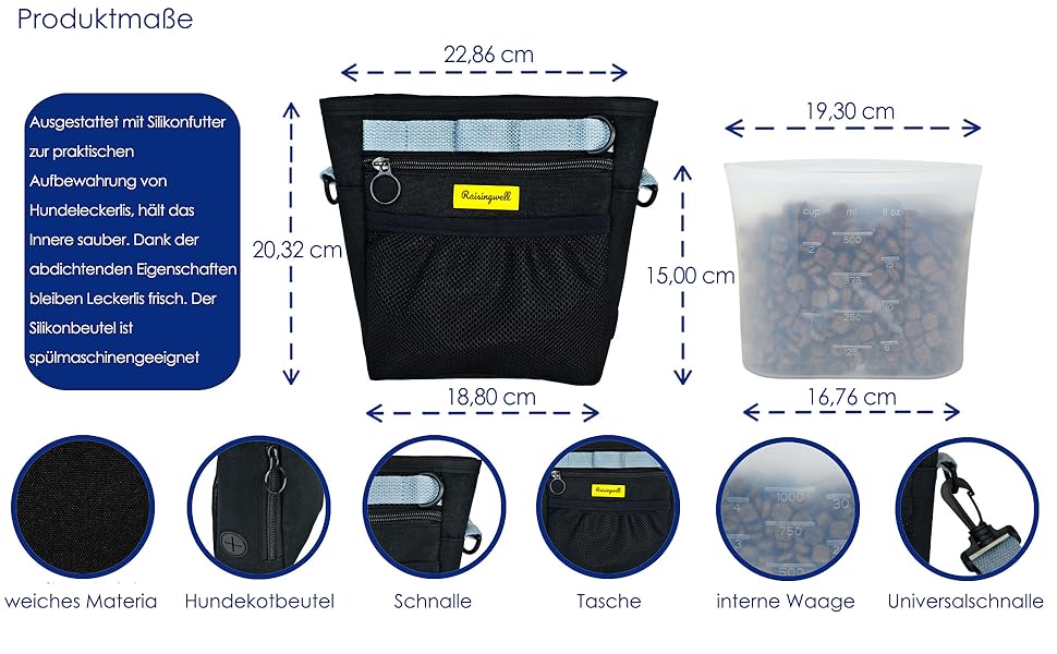 Сумка для ласощів для собак, багатофункціональна сумка для прогулянок з силіконовим кишеньком, мішок для корму для дресирування собак та дозатор ласощів, ідеальна для активного відпочинку на природі (Чорний, 4 відділення)