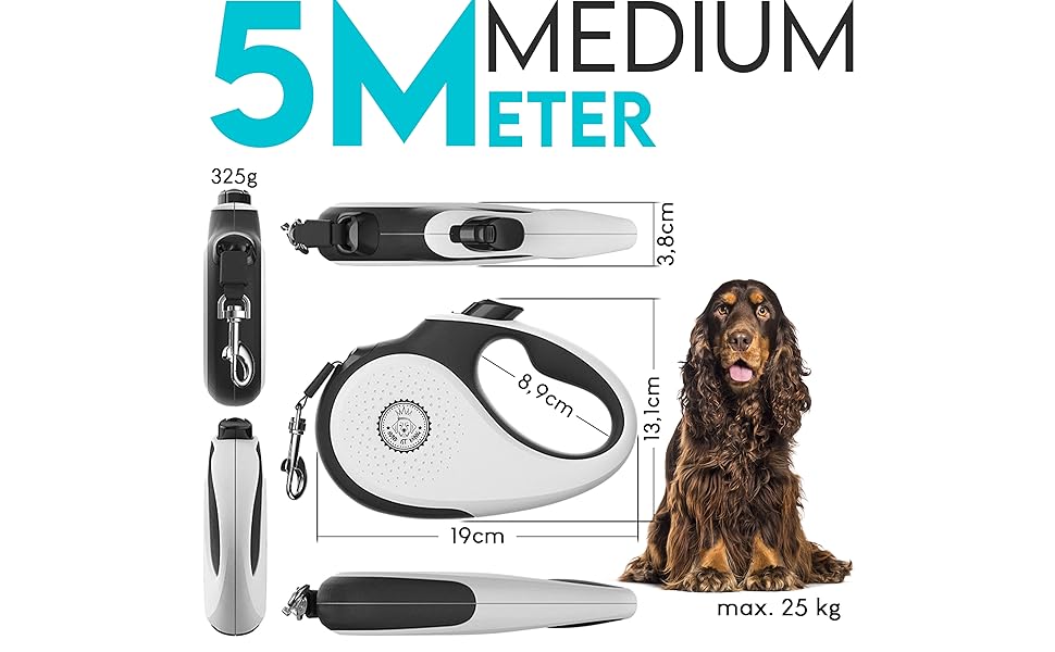 Витяжна повідка для собак HUND IST KÖNIG 8м для малих та великих собак | Міцна витяжна повідка до 50кг | Зручна ручка, преміум-якість | Білий/Чорний