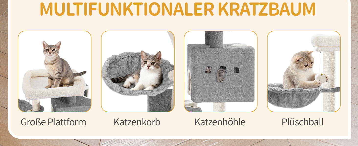 Дерево для кігтів Hzuaneri Kratzbaum 75 см, кігтеточка для котів з лежаком, будиночком, сизалевими стовпчиками та іграшками, сірий колір, MS07618LG