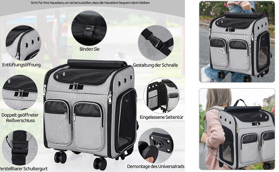 Рюкзак-переноска для кота OUUTMEE з телескопічною ручкою (до 20 кг), сірий, багатофункціональний, дихаючий