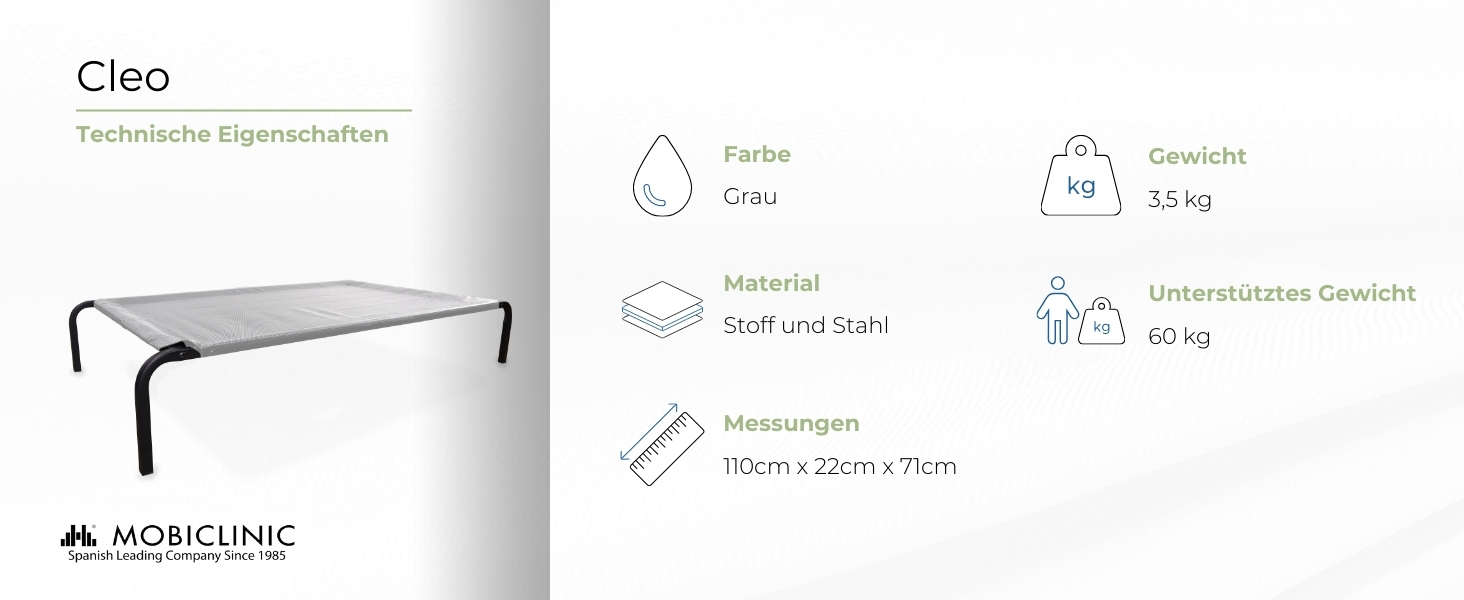 Mobiclinic® Cleo: Підвищене собаче ліжко, сіре, 122x71x21 см. Ізольоване, для внутрішнього та зовнішнього використання, міцне, легко миється, без інструментів, до 60 кг