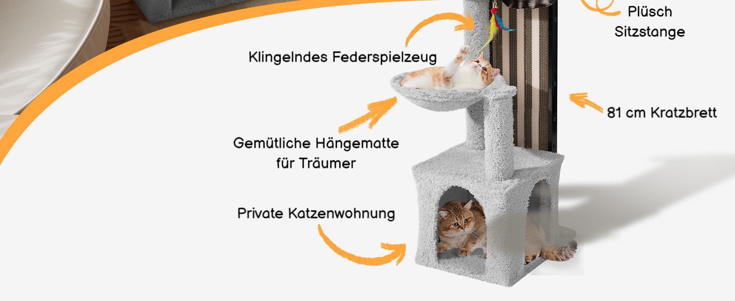 Кігтеточка Veehoo для котів, 90 см, сіра. Багатоярусна, стабільна, для дому. Ідеально для лазіння, ігор та відпочинку. Розміри: 44 x 34 x 90 см