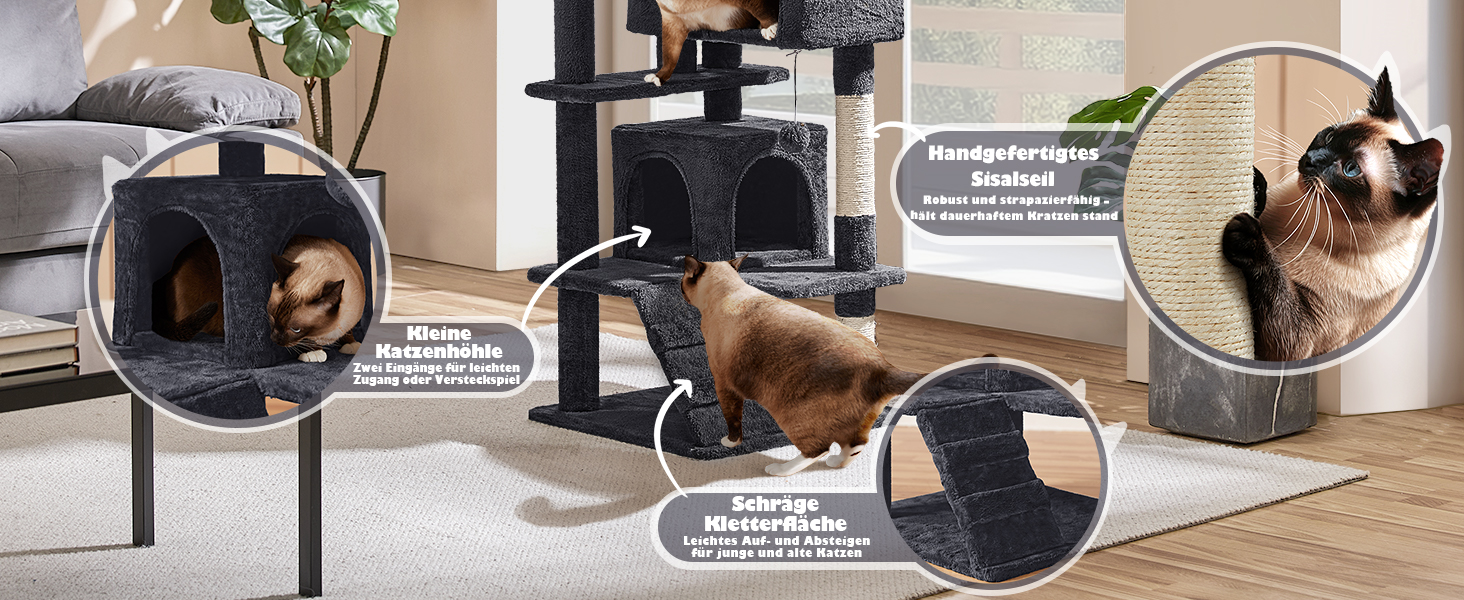 Кігтеточка-кімнатний комплекс Yaheetech 139 см, чорний, з 3 платформами, 3 стовпчиками, 2 хованками та іграшками