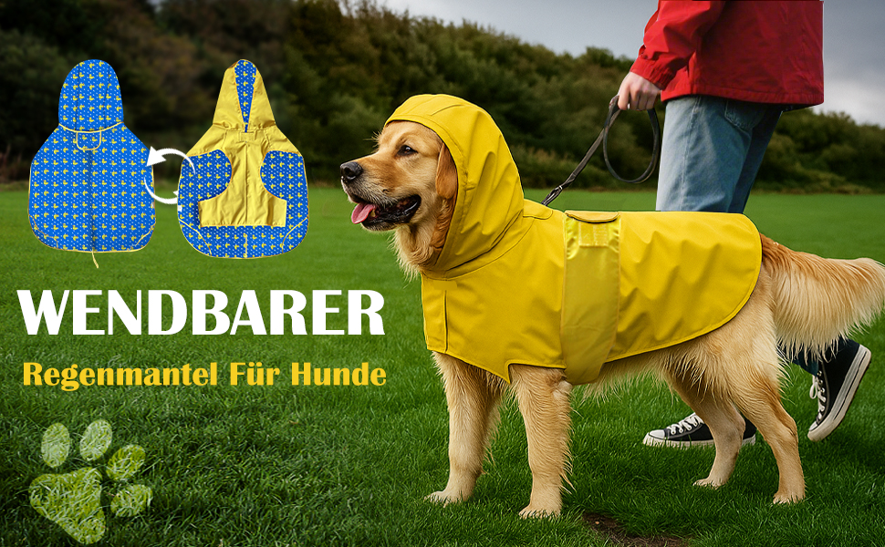 Водонепроникний дощовик для собак - двосторонній, з капюшоном та світловідбивачами (XL, жовтий)