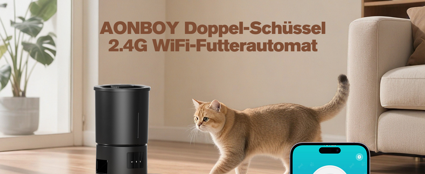 Автоматичний годівниця для котів AONBOY з двома мисками та Wi-Fi: 5L, таймер, для сухого корму, чорна