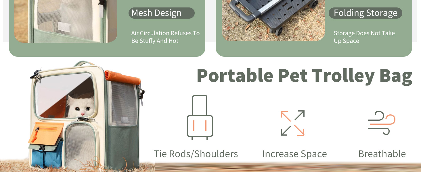 PETCUTE Рюкзак для собак з візком, 2-в-1, рюкзак для котів великих порід з колесами, дихаючий рюкзак-переноска для собак з вийманим килимком, складаний рюкзак для тварин для цуценят Бежевий+Зелений