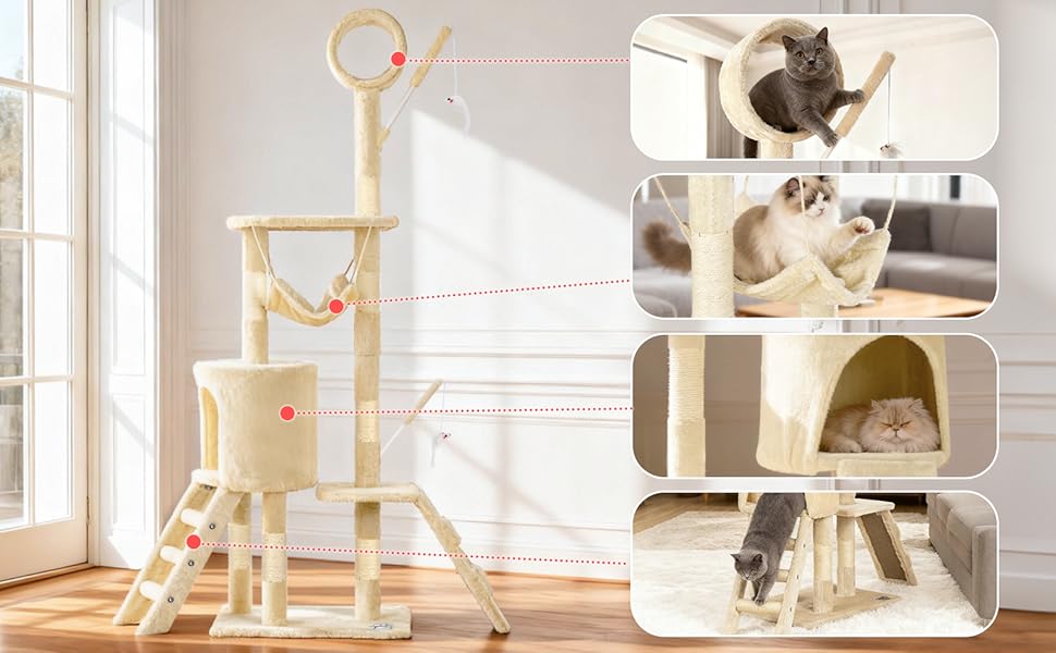 Кігтеточка для котів Vounot® - багатоярусна кігтеточка з платформами, печерею та іграшками, 112 см, бежева