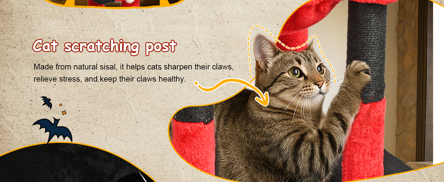 Драбинка для котів BYBYME у готичному стилі на Halloween, 168 см, стійкий комплект котячих меблів з ліжком, будиночком, гамаком та стовпчиками для шліфування кігтів (чорно-червоний), підлоговий