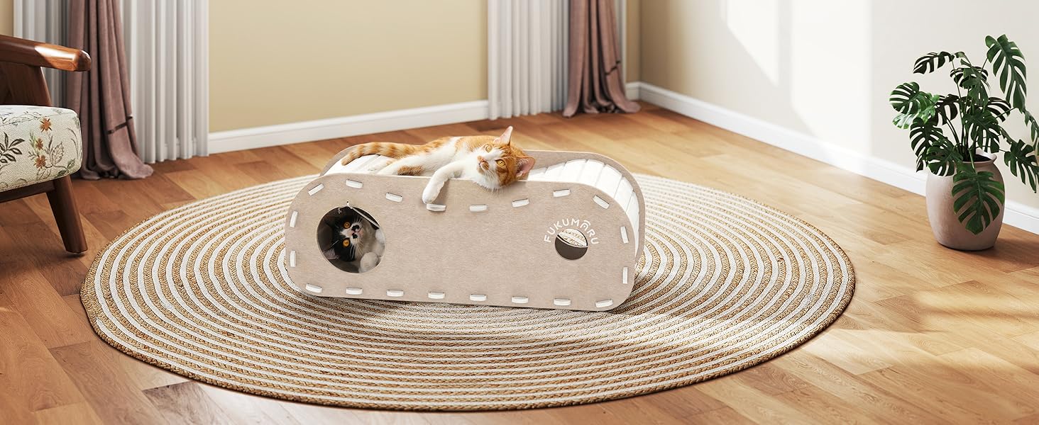 Кішка Будиночок FUKUMARU: Двошарове ліжко-печера з філцу, beige