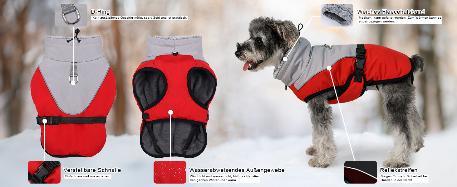 Теплий зимовий одяг для собак Savlot: водонепроникна куртка з флісовою жилеткою та регульованою блискавкою, червона (L)