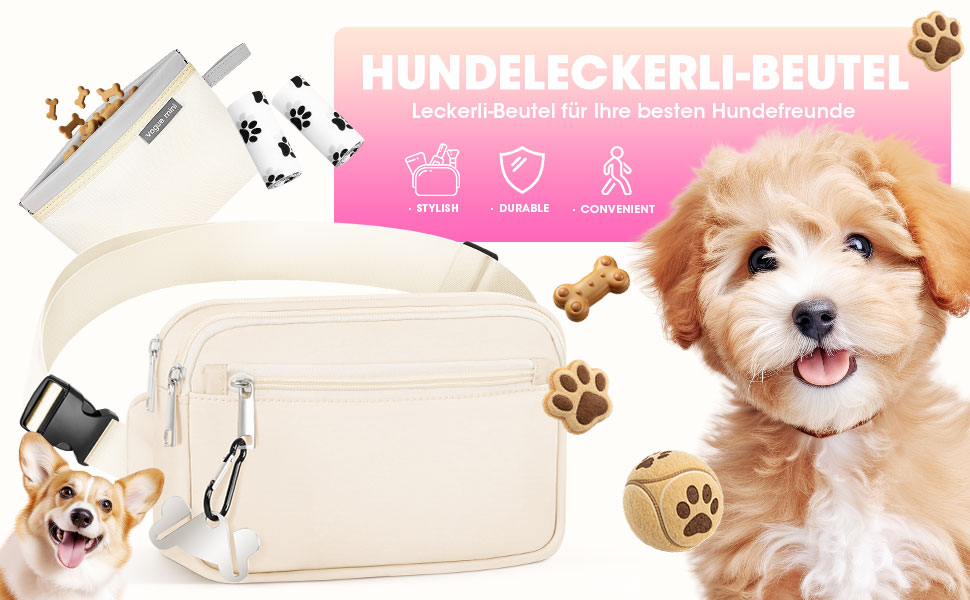 Лекарська сумочка для собак, сумка для тренування з практичним відкриванням однією рукою | Сумочка для собак для тренування та виховання цуценят | Сумка для прогулянок з собакою з диспенсером для пакетів та гачком для кріплення. Білий колір