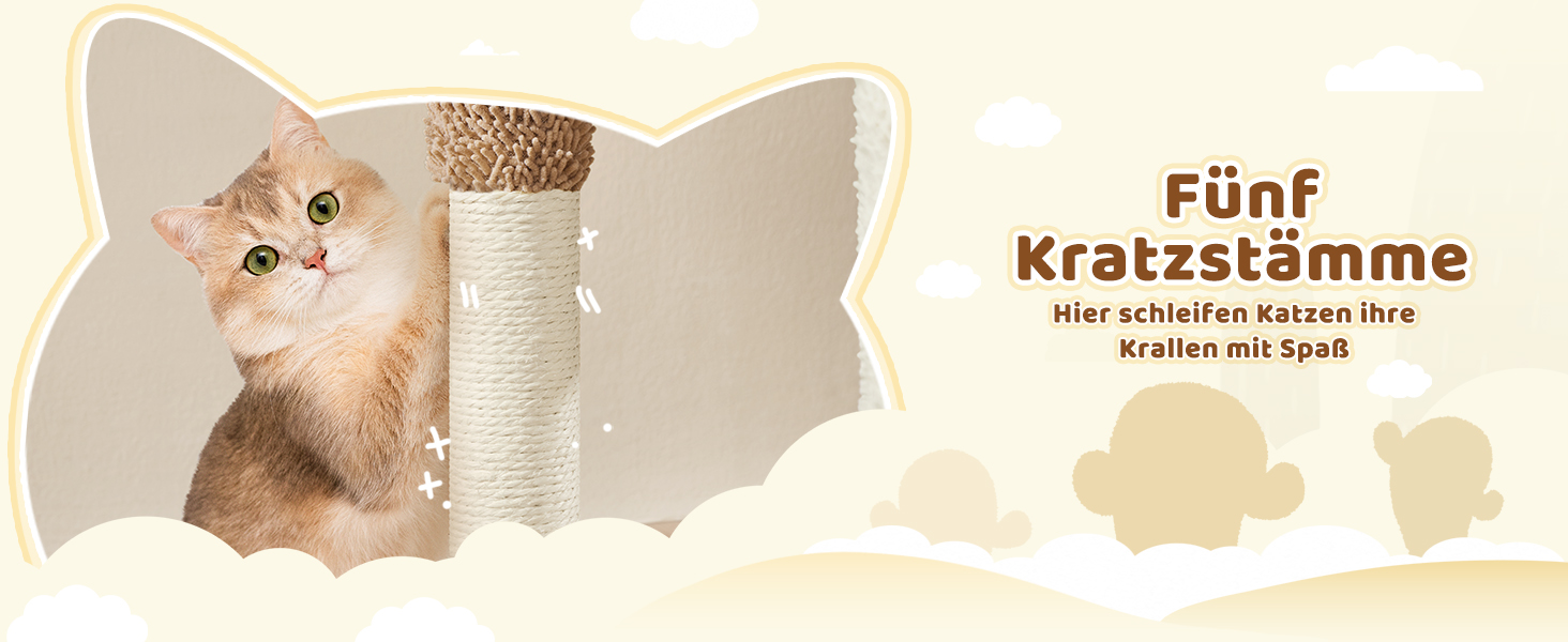 Дряпак для котів Yaheetech Kaktus, 106.5 см: стабільний, з оглядовою платформою та затишною печерею, оббитий сизалем, бежево-коричневий