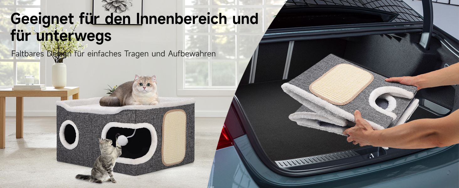 Шика Будинок-печеринка для котів, великий закритий будиночок для котів, 61T*45B*32H см, двоярусний куб для котів, XXL печеринка для котів з когтеточкою та іграшкою, будиночок-печеринка для маленьких та середніх тварин, великий, сірий