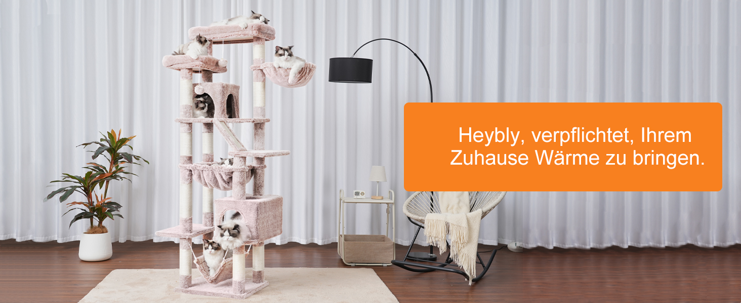 Кігтеточка-вежа для котів Heybly HCT034G, 180 см, коричнево-бежева: 2 платформи, 2 будиночки, гамак, кошик, когтешкреб