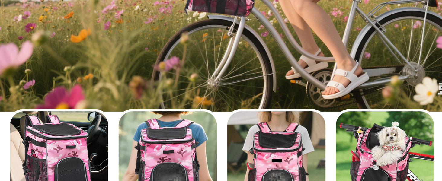 PETCUTE Фарбований велосипедний кошик для собак та котів, дихаючий, з світловідбиваючими смугами, камуфляж рожевий