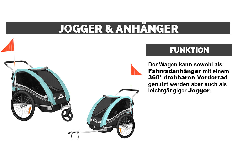 SAMAX Fahrradanhänger Jogger 2in1: Дитячий велопричіп-коляска 2в1, 360° обертання, для 2 дітей - Black Edition Turquoise