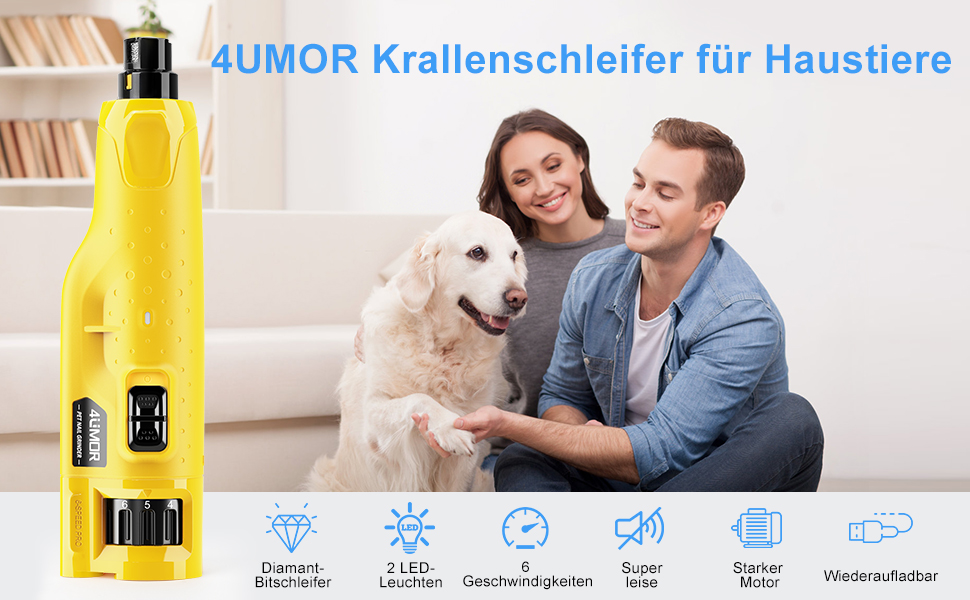 Шліфувальник для собак 4UMOR з 6 ступенями та 2 LED-ліхтариками - безпечна та ефективна догляд за кігтями для собак великих, середніх та маленьких порід