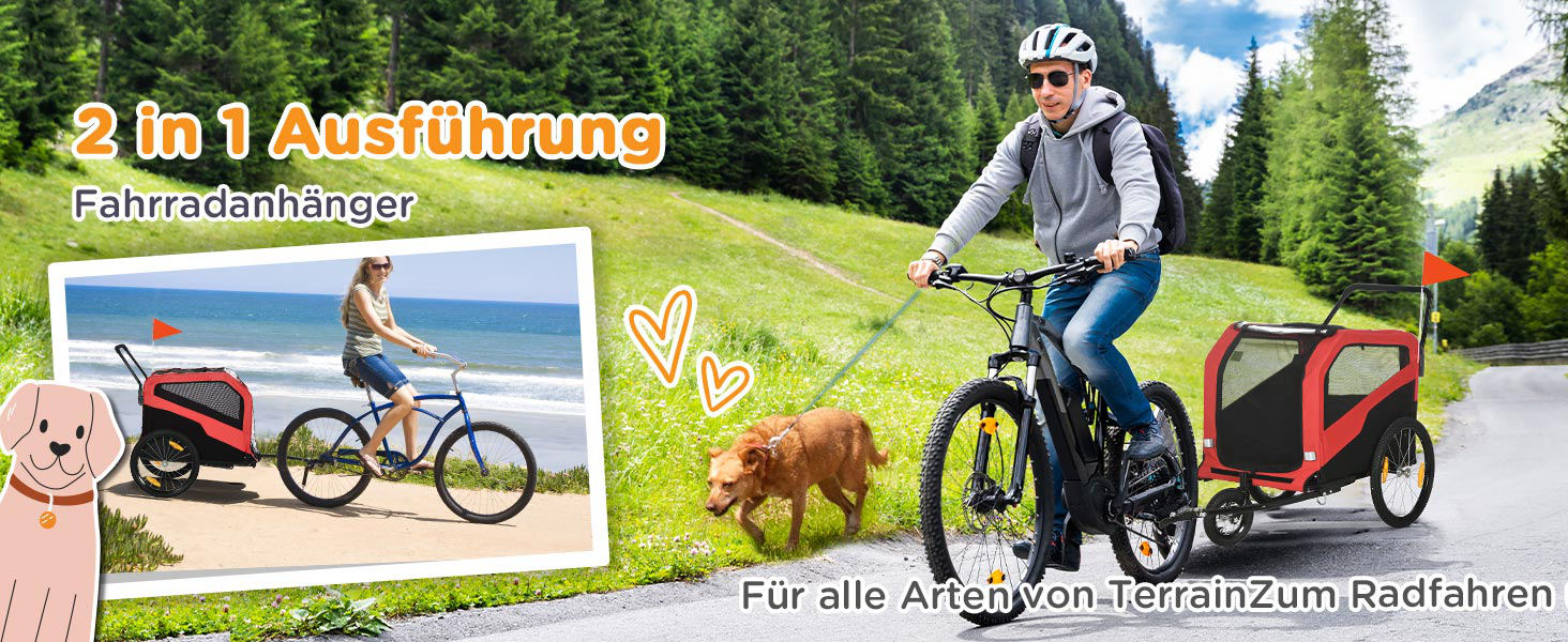 PawHut Причіп для собак 2-в-1, велосипедний причіп для собак, візок для собак з відбивачами, максимальне навантаження 30 кг, для великих собак, матеріал Оксфорд, червоний