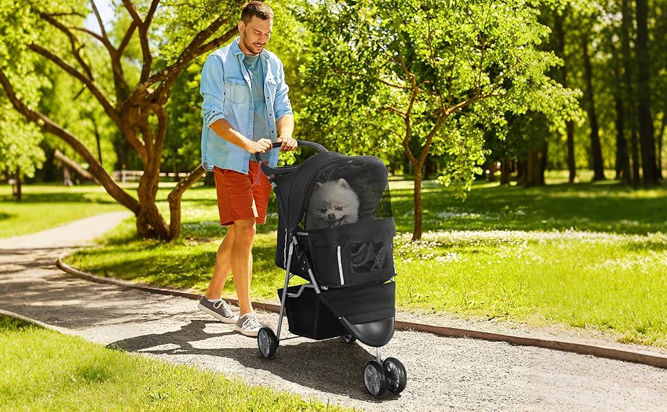 Візок для собак та котів PawHut, чорний, 75x45x97 см, 75L, з килимком, сітковими віконцями, тримачем для напоїв та сумкою для зберігання
