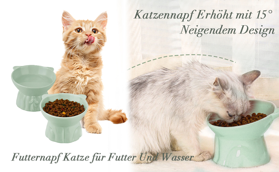 Набір мисок для котів 2 шт. підняті на 15°, кераміка, великі, для запобігання блювоті, підходять для котів та цуценят (білі)
