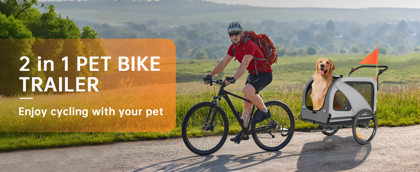 2-в-1 Причіп для собак XXL, Фарбований причіп для собак з дахом, Відбивачі та світловідбиваючі смуги, Універсальний з'єднувальний елемент для велосипеда, Регульована ручка-штовхач, Сірий