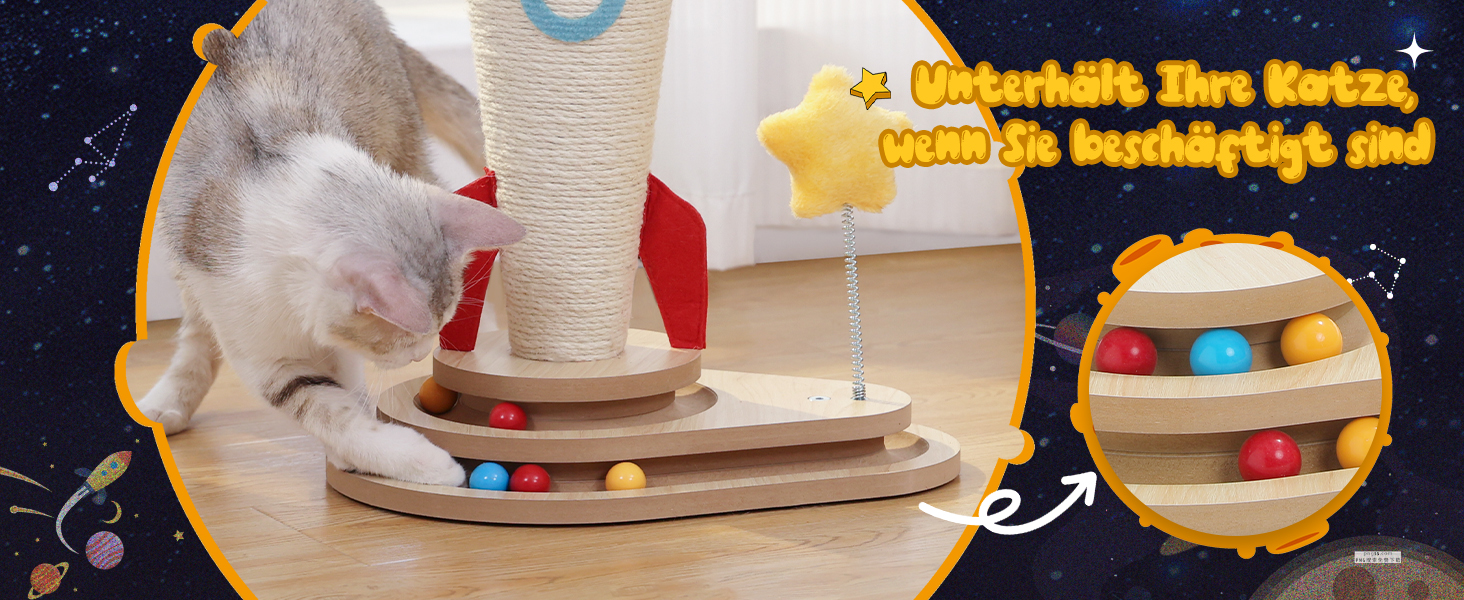 Інтерактивна іграшка для котів PETEPELA з подряпальним стовпчиком у формі ракети, кулькова траса, пір'їнка, з масиву дерева, багатофункціональна