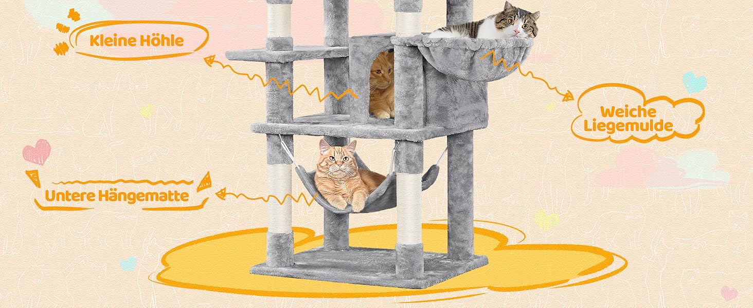 Котячий комплекс Yaheetech 170 см: кігтеточка, ліжко, гамак, іграшки, сірий колір