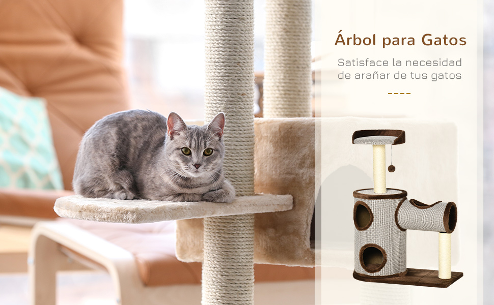 PawHut Дерев'яний кігтеточка для котів середнього розміру, 104 см, з ліжком, тунелем, сизалевими стовпчиками та м'ячиком, 75x39x104 см, коричневий