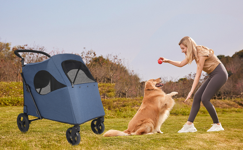 Трансформер для собак великих порід AESRAOU: візок-переноска з 4 колесами, регульована ручка, подвійна місткість, візок-джаггер з передніми дверцятами (Marine)