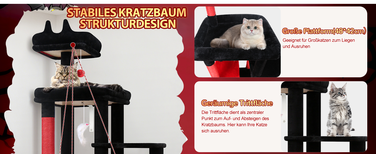 Дерев'яний комплекс для котів Globlazer з висотою 167 см, широкою платформою, будиночком, кошиком та іграшками. Стабільний, підходить для 2-4 котів. Чорний/червоний (F65B)