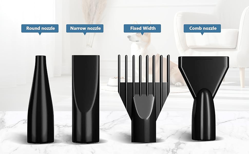 Фен для собак, 2800W, регулювання швидкості та температури, тихий, 4 насадки, для професійного та домашнього використання (Чорний)