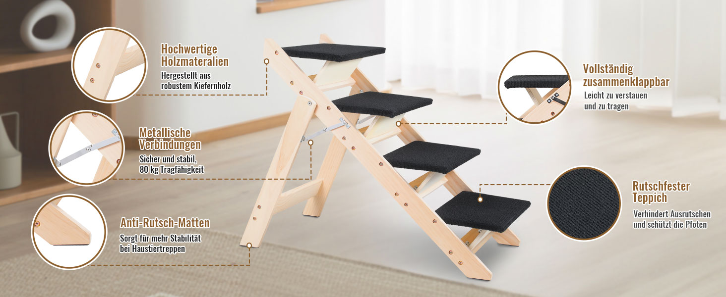 Сходинка для собак Vigevee 2-в-1: розкладна сходинка для домашніх тварин, 65.5 см, 4 сходинки, максимальне навантаження 80 кг, з антиковзким килимком для собак та котів
