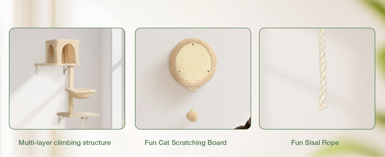 Комплекс для котів BYBYME з гамаком, ліжком та полицями, 6шт. Міцні меблі для котів з плюшевою стійкою, когтеточкою та сизалевими стовпчиками (Бежевий)