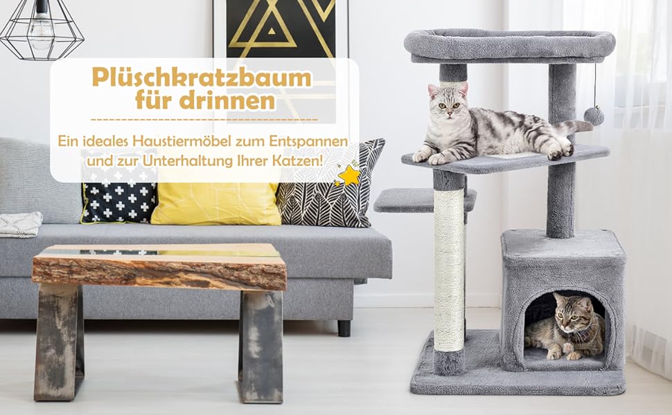 Дряпак для котів COSTWAY, 85 см, з будиночком, м'яким сидінням, м'ячиком та сизалевими стовпчиками, сірий