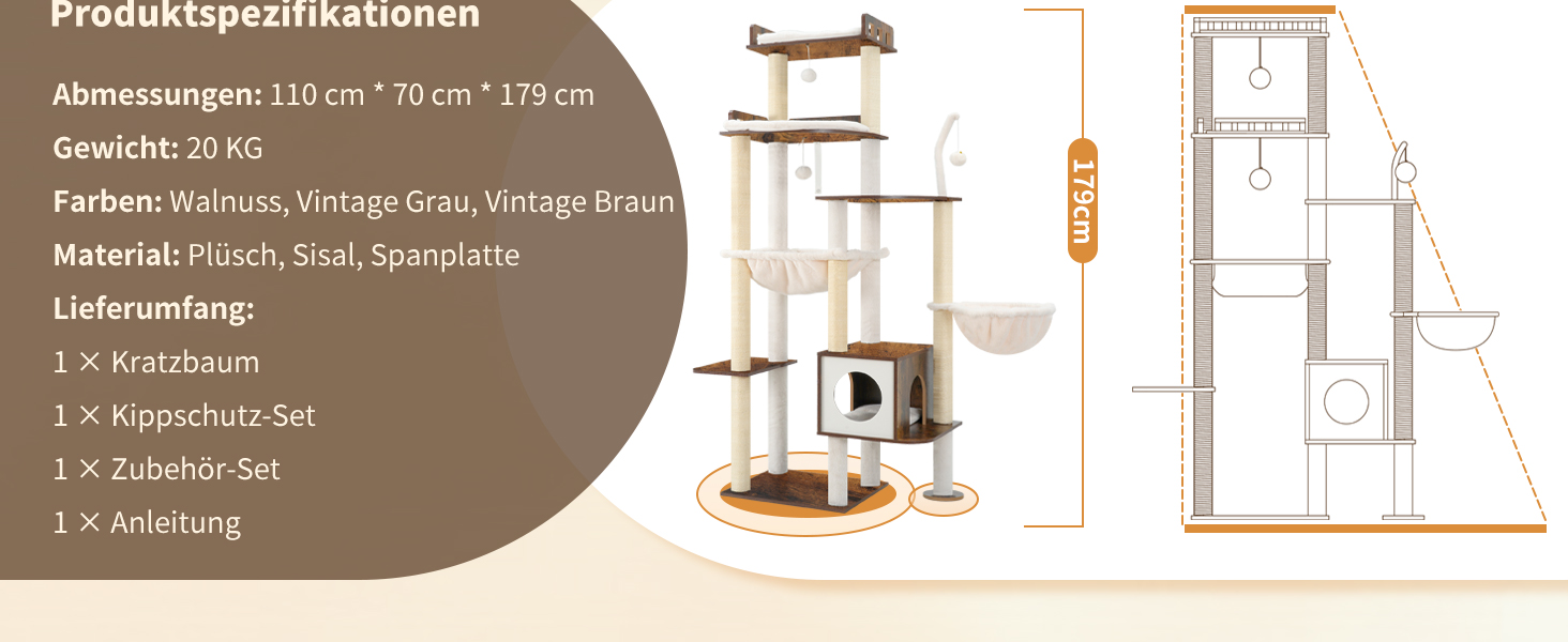 Дерев'яний котячий комплекс Heybly Kratzbaum HCT121WB (Vintage-Braun), 179 см, з будиночком, гамаком та сизалевими стовпчиками